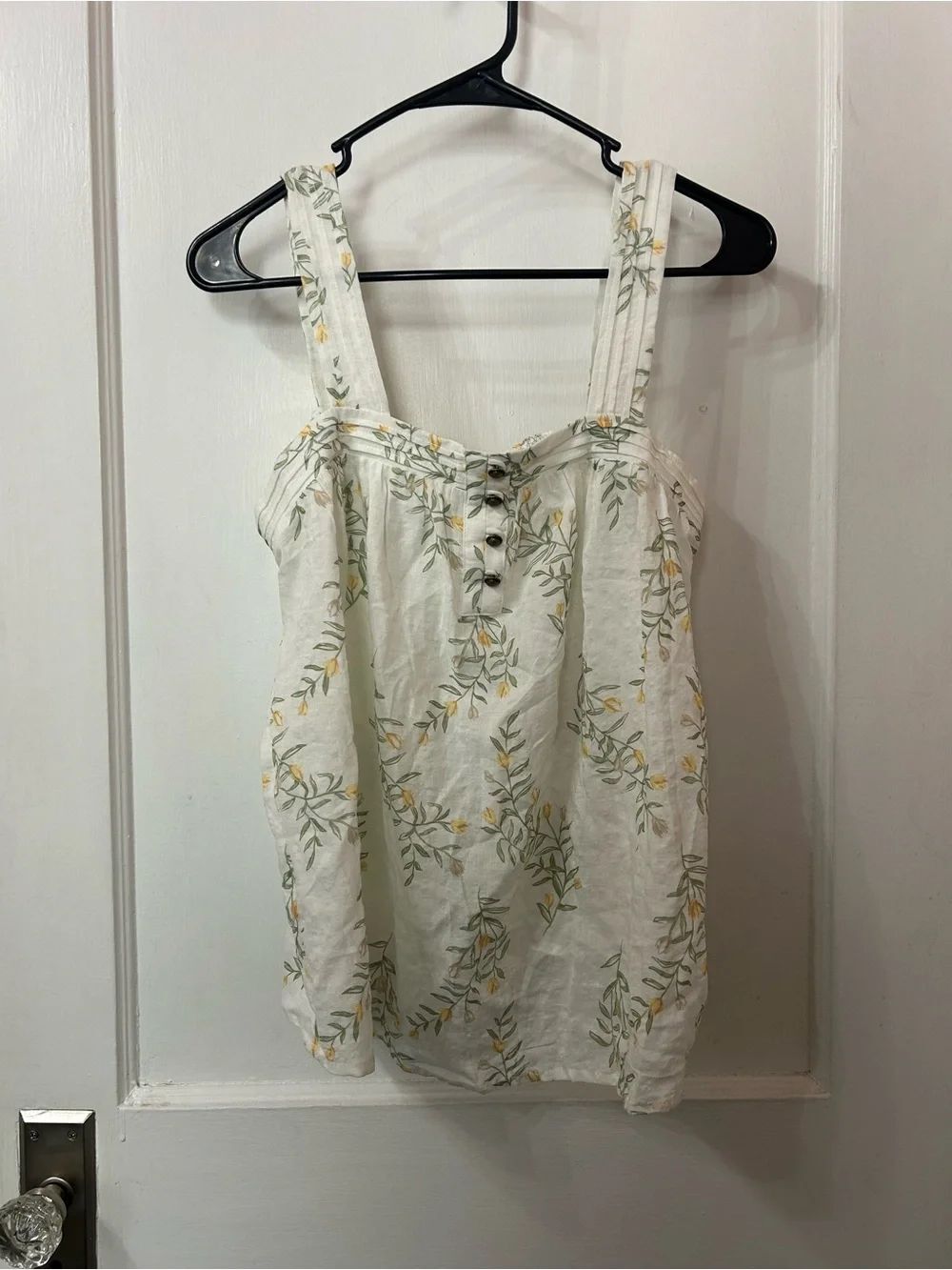 Maurices White Linen-Blend Floral Button Tank with Yellow & Green Accents